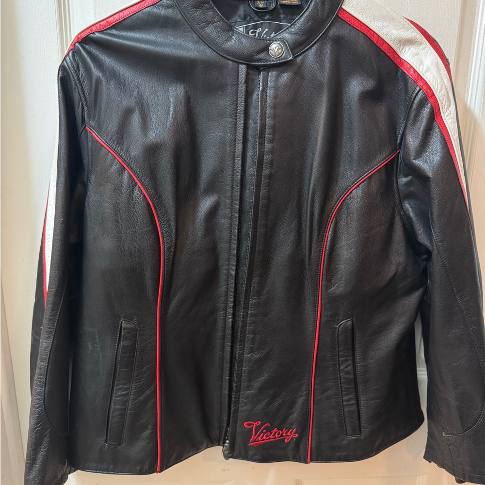 Victory Black Leather Jacket with Red and White Accents